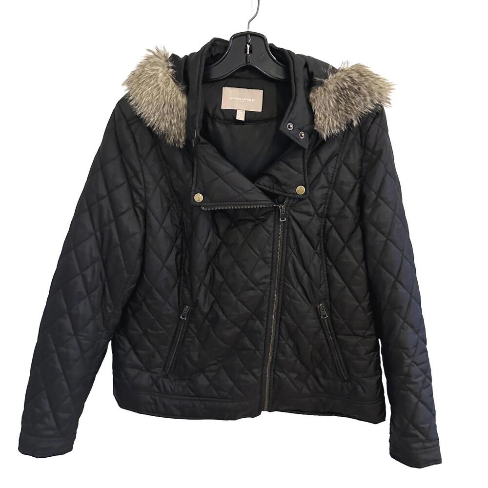 Banana Republic Women's Black Light Quilted Jacket with Faux Fur Hood - XL